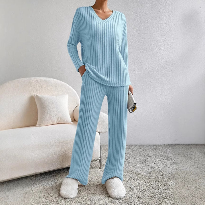 Frauen Rippstrick Lounge Set aus weichem Strick mit V-Ausschnitt und weitem Bein Drune