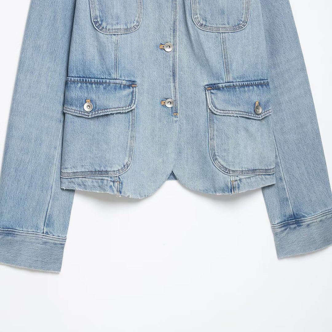 Damen Jeansfieldjacke mit Stehkragen, Schulterpatten und vier aufgesetzten Pattentaschen Drune