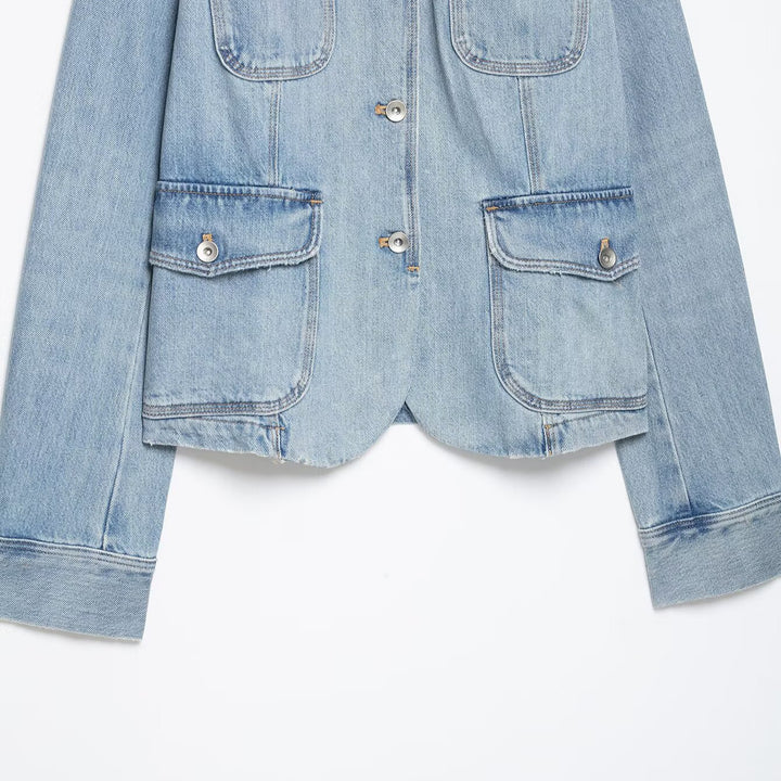 Damen Jeansfieldjacke mit Stehkragen, Schulterpatten und vier aufgesetzten Pattentaschen Drune