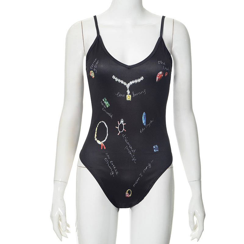 Damen Einteiler Badeanzug mit kreativen Schmuck-Prints Drune
