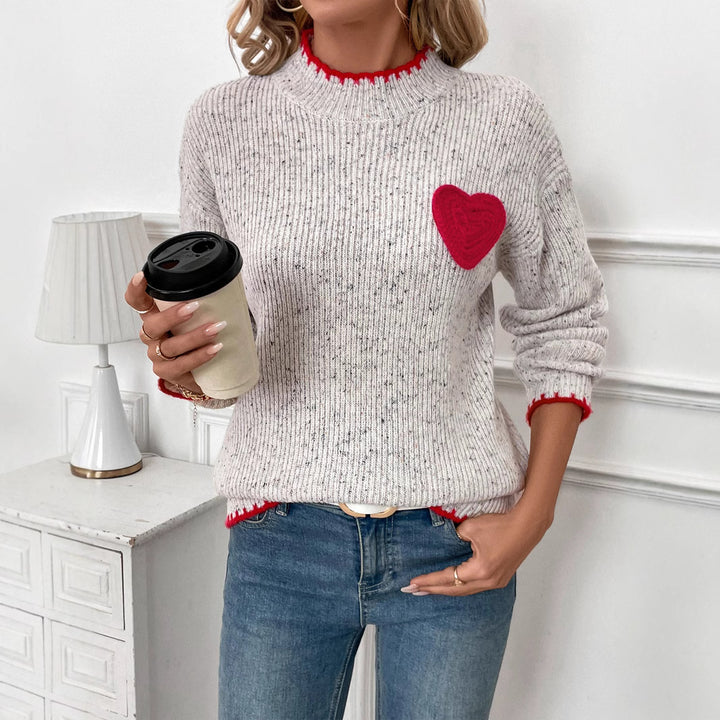 Damen Gerippter Feinstrick-Pullover mit Herz‑Applikation und kontrastierter Saumkante Drune