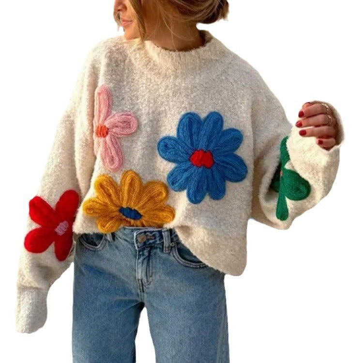 Damen Boxy-Strickpullover mit bunten 3D-Blumenapplikationen Drune