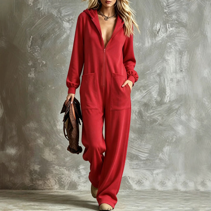 Damen Zip‑Hoodie‑Jumpsuit mit Kapuze, Kängurutaschen und weitem Bein Drune