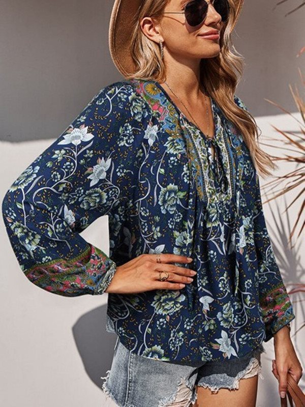 Damen Boho-Bluse mit floralem Print, V‑Ausschnitt mit Bindeband und Plissée-Details Drune