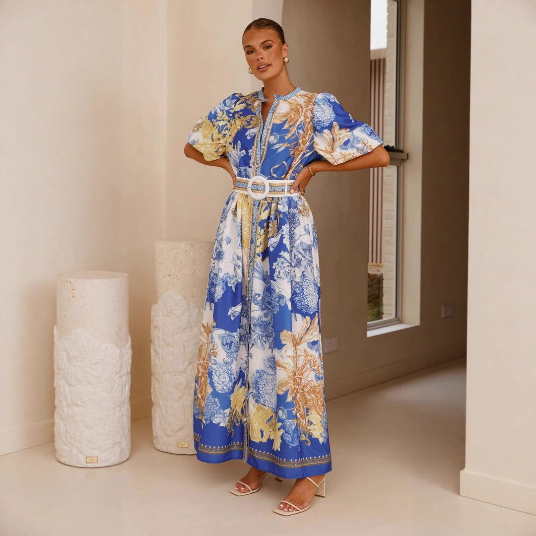 Damen Maxikleid mit floralem Knopfleisten-Design und tailliertem Gürtel Drune