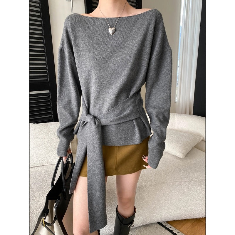 Damen eleganter Wollpullover mit modischem Bindegürtel Drune