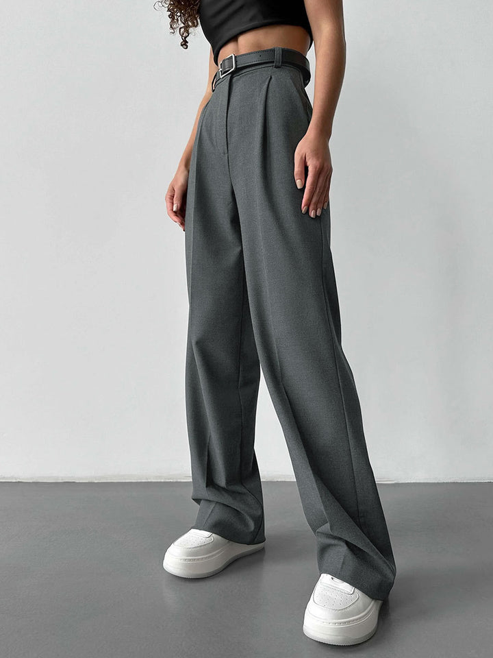 Damen Elegante High-Waist-Hose mit Bügelfalte und Bindegürtel Drune