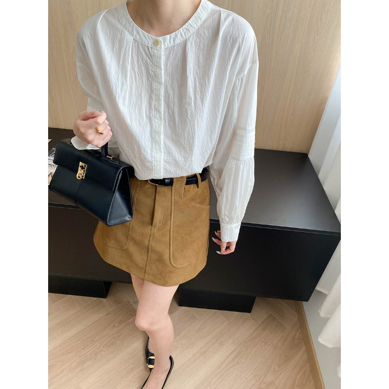 Damen lässige Bluse mit eleganten Puffärmeln und Knopfdetail Drune