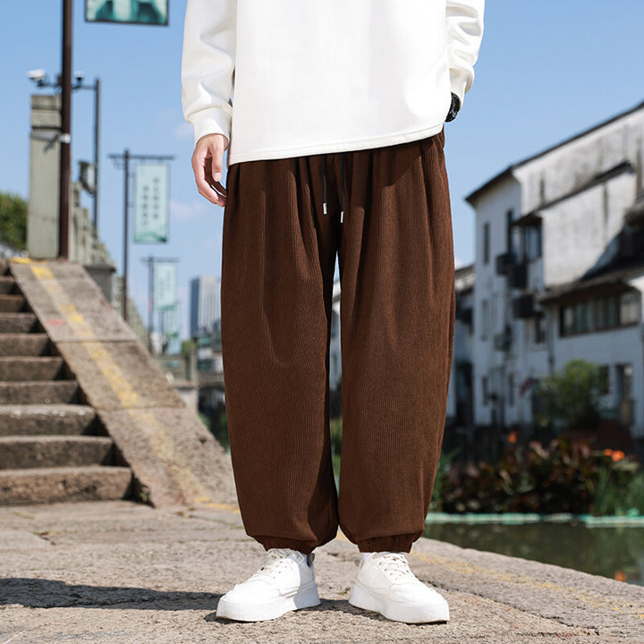 Herren Weite Cord-Loungehose mit Tunnelzug, gerippter Cordstruktur und elastischen Bündchen Drune