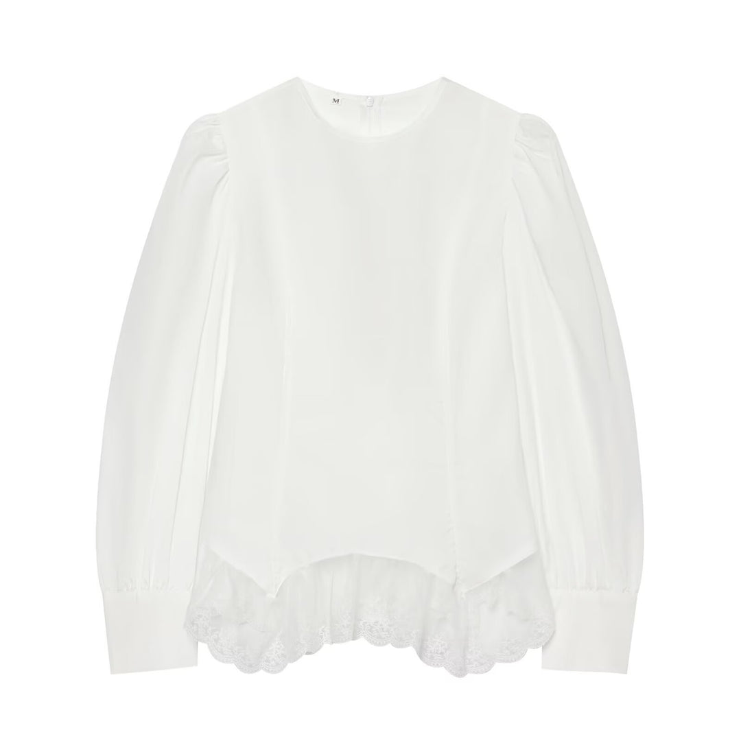 Damen Romantische Bluse mit Puffärmeln und Spitzenbesatz Drune