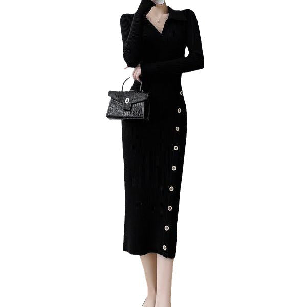 Damen Elegantes Strickkleid mit Wickeloptik und Knopfdetails Drune