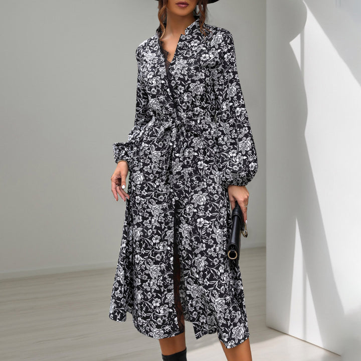 Damen Midikleid mit Spitzenbesatz am Ausschnitt, verdeckter Knopfleiste, Taillenbindegürtel & floralem Allover-Print Drune