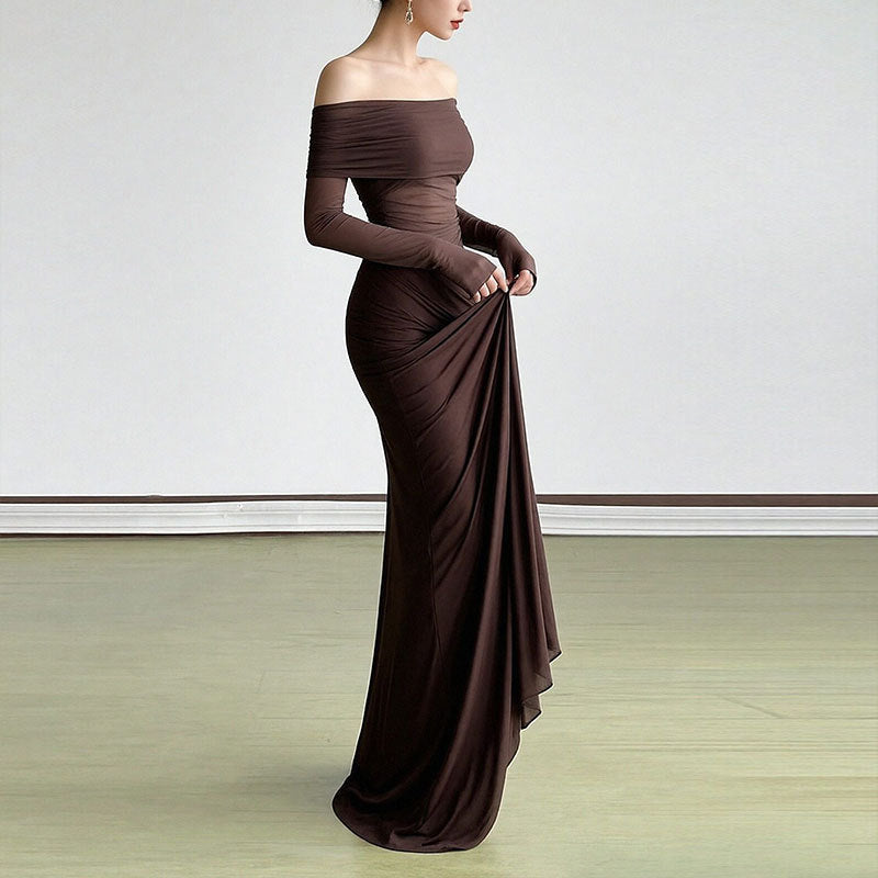 Damen Elegantes Off-Shoulder Maxikleid mit Rüschendetails und langem Arm Drune