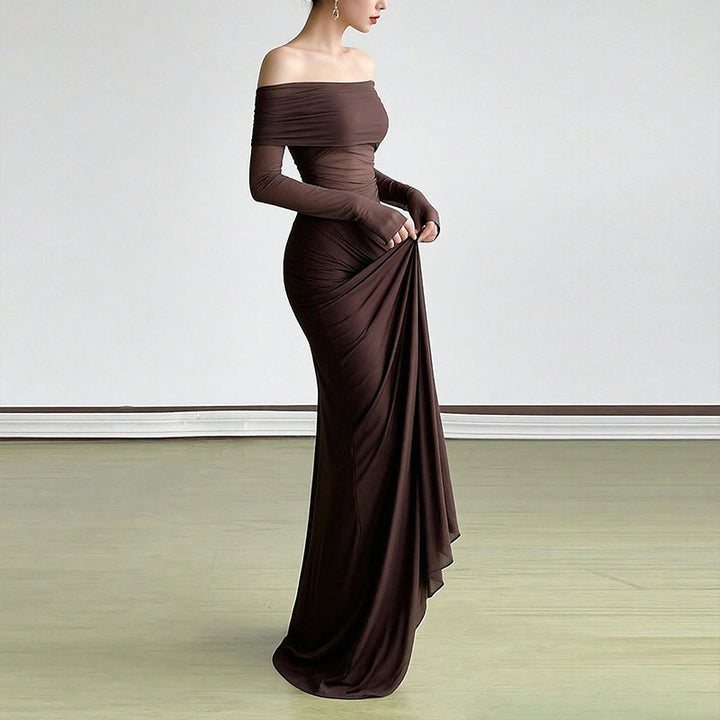 Damen Elegantes Off-Shoulder Maxikleid mit Rüschendetails und langem Arm Drune