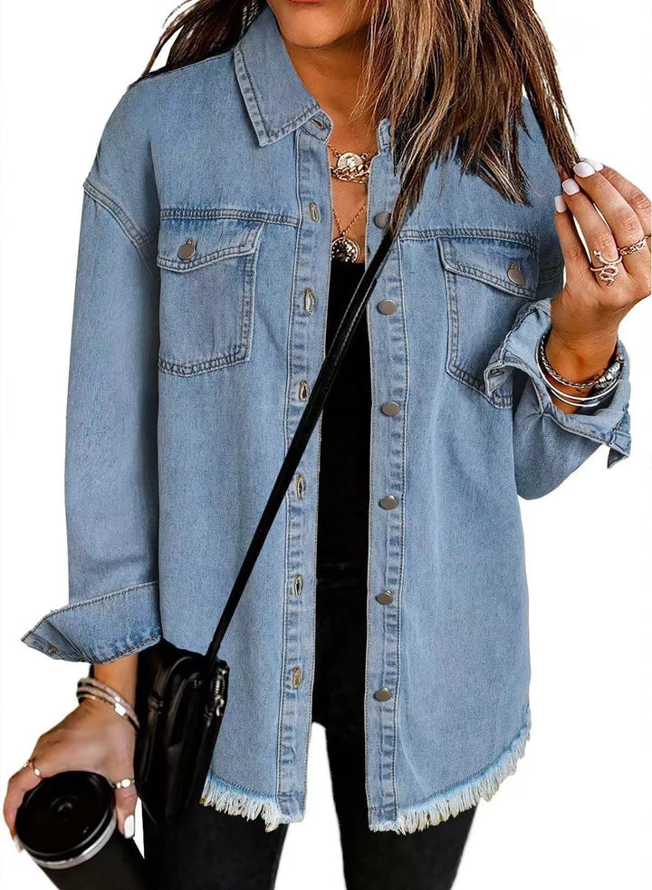Damen lässige Jeansjacke mit fransigen Säumen und aufgesetzten Taschen Drune