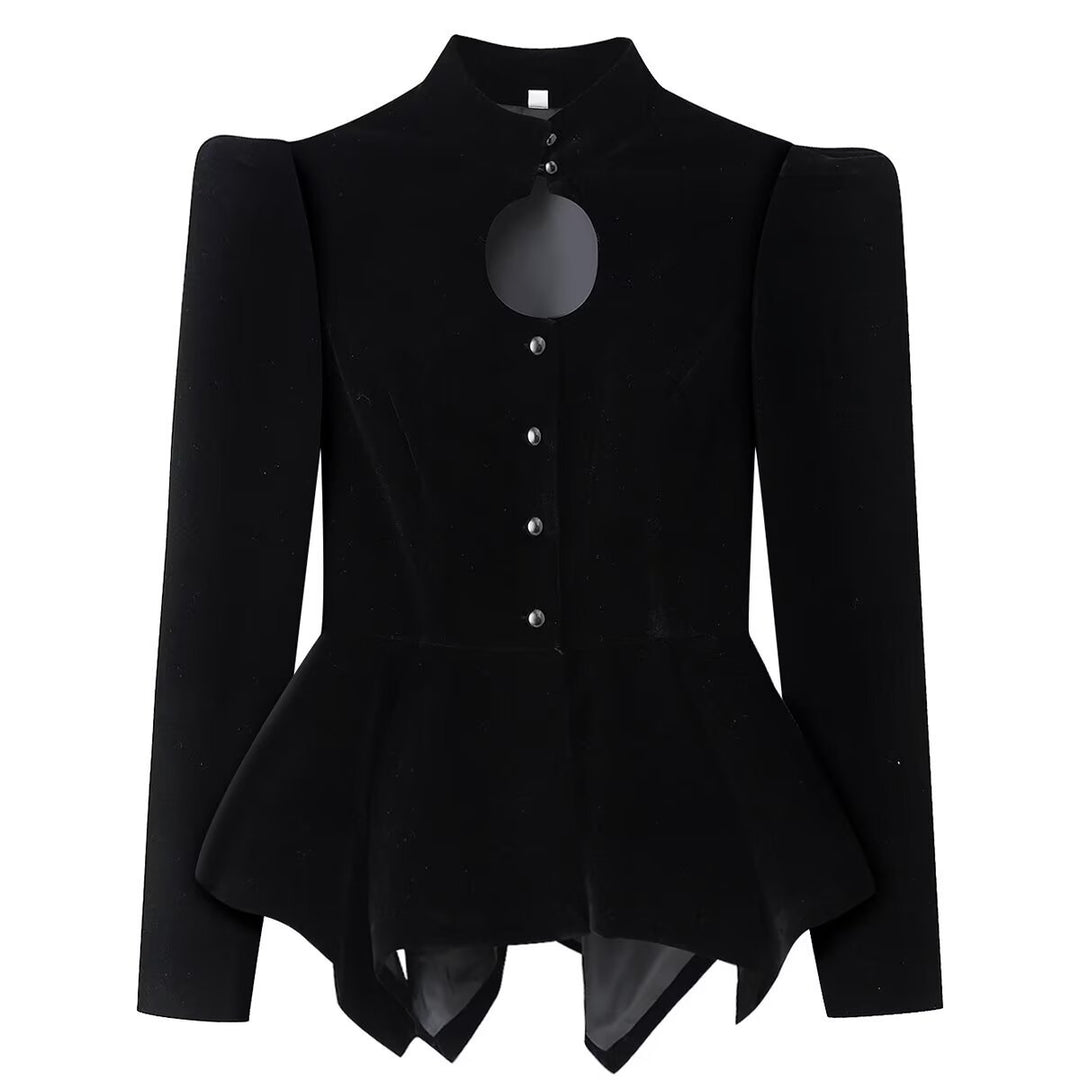 Damen nan taillierte Samtjacke mit Stehkragen Cut-Out und asymmetrischem Schößchen Drune