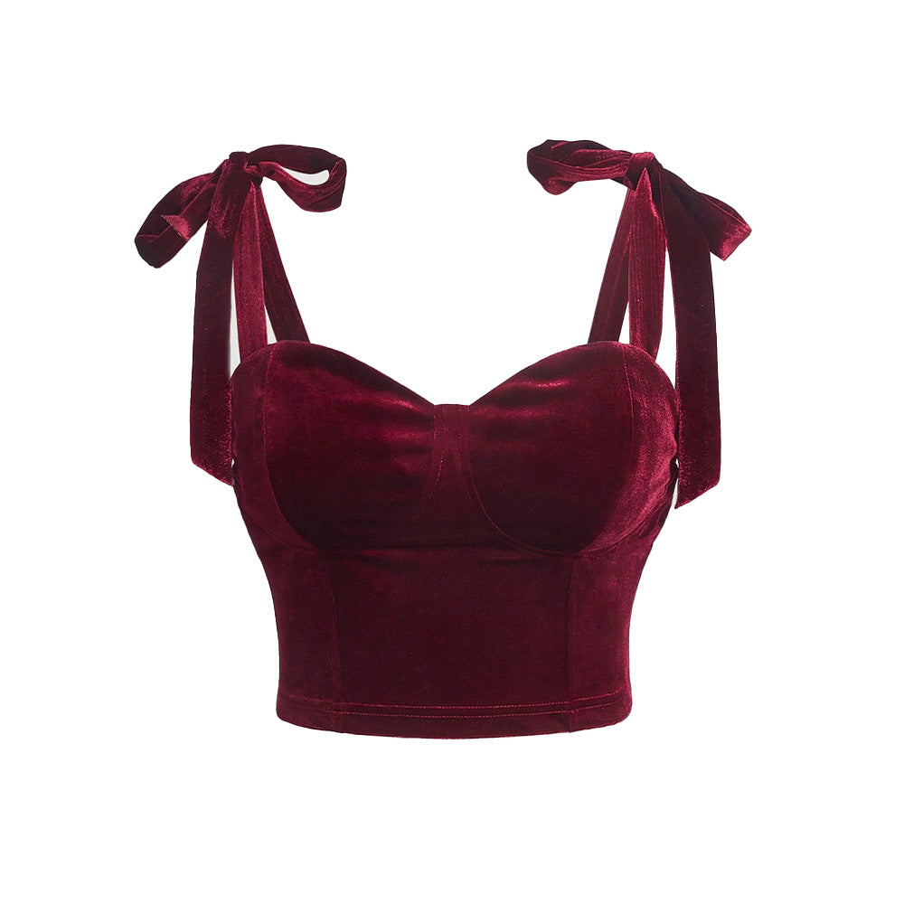 Damen Cropped Top aus samtartigem Material mit dekorativem Bindeband Drune