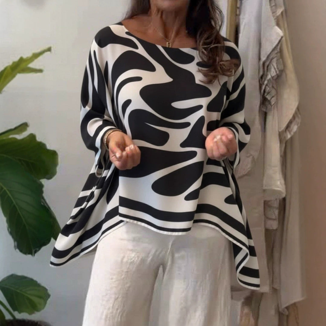Damen Oversize Sommerbluse mit abstraktem Print, Fledermausärmeln und asymmetrischem Saum Drune