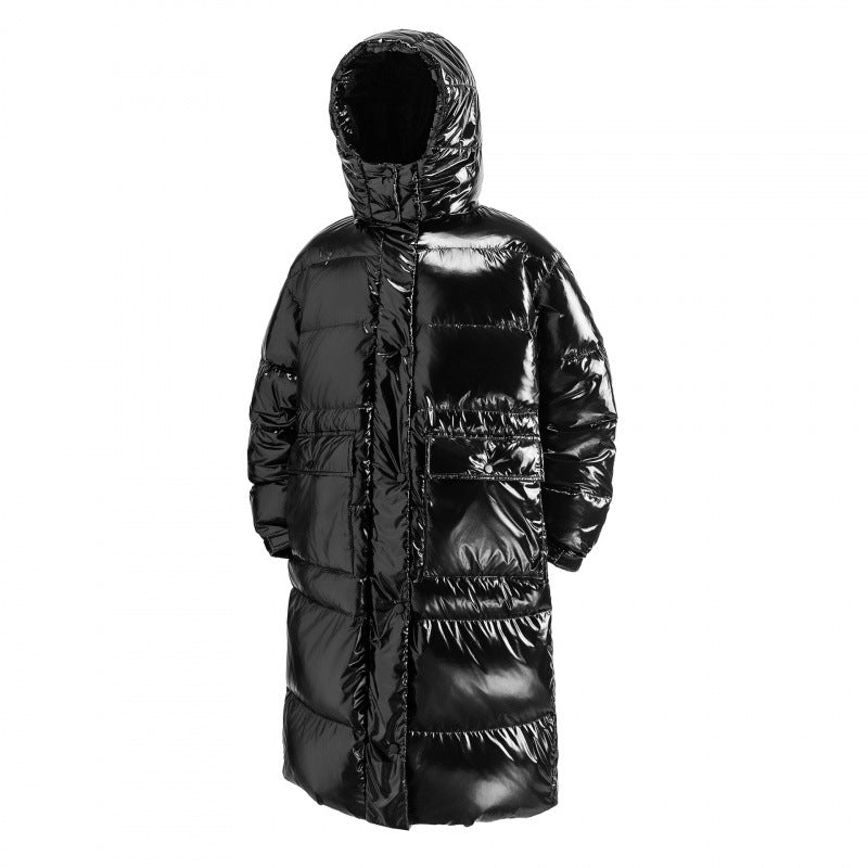 Damen langer glänzender gesteppter Puffer-Mantel mit Kapuze, Utility-Taschen und Oversize-Silhouette Drune
