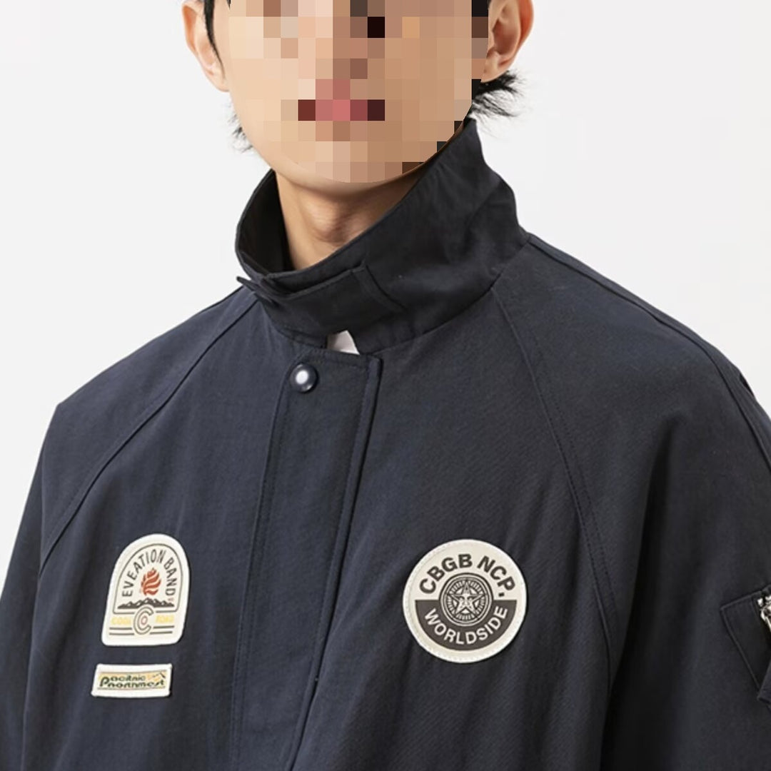 Herren Overshirt-Bomberjacke im Military-Look mit Emblem‑Patches, Ärmeltasche & geripptem Saum Drune