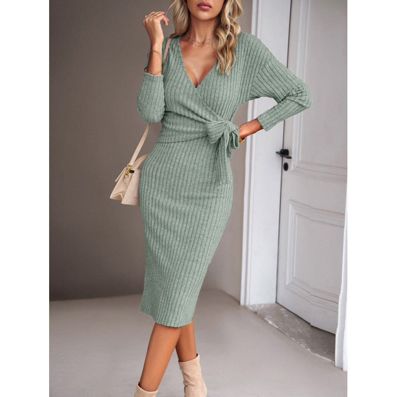 Damen Wickelkleid mit tiefem V-Ausschnitt und Taillengürtel Drune