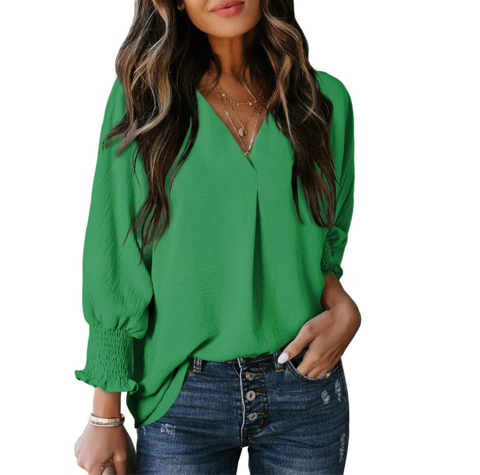 Damen V-Ausschnitt Bluse mit elastischen Ärmelbünden Drune