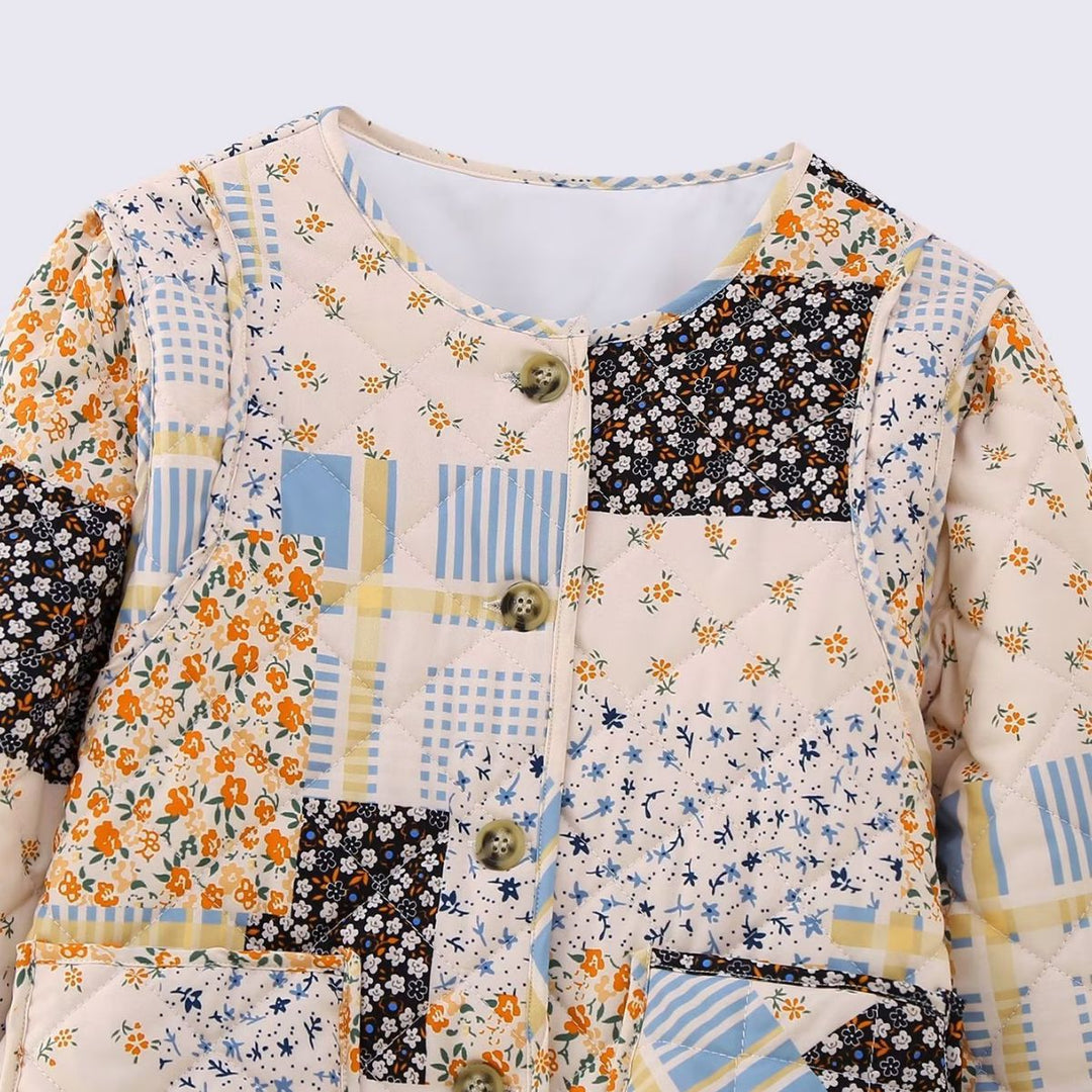 Damen nan gesteppte Kurzjacke im Patchwork-Quiltstil mit Rundhalsausschnitt und aufgesetzten Taschen Drune