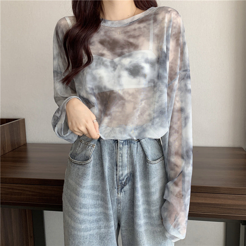 Damen transparenter Longsleeve-Oberteil mit modernem Tie-Dye-Muster Drune