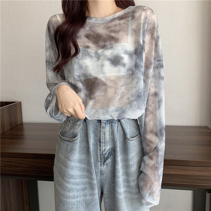 Damen transparenter Longsleeve-Oberteil mit modernem Tie-Dye-Muster Drune