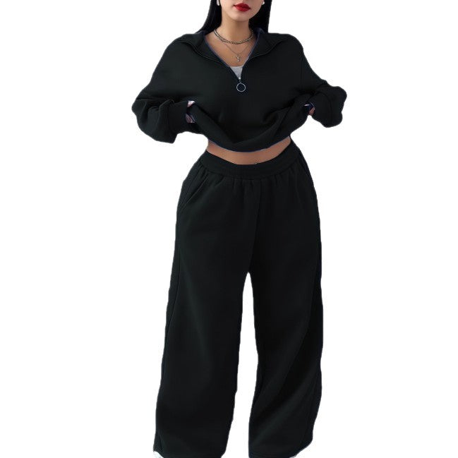 Damen Cropped Oversize-Sweatshirt mit halbem Reißverschluss und weite High-Waist Jogginghose Set Drune