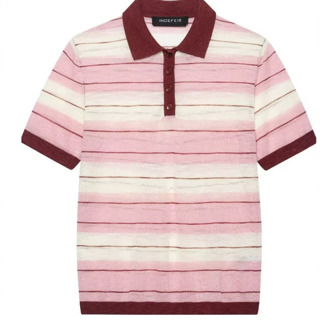 Damen Kurzärmeliges gestreiftes Strick‑Poloshirt mit Rippkragen und Knopfleiste Drune