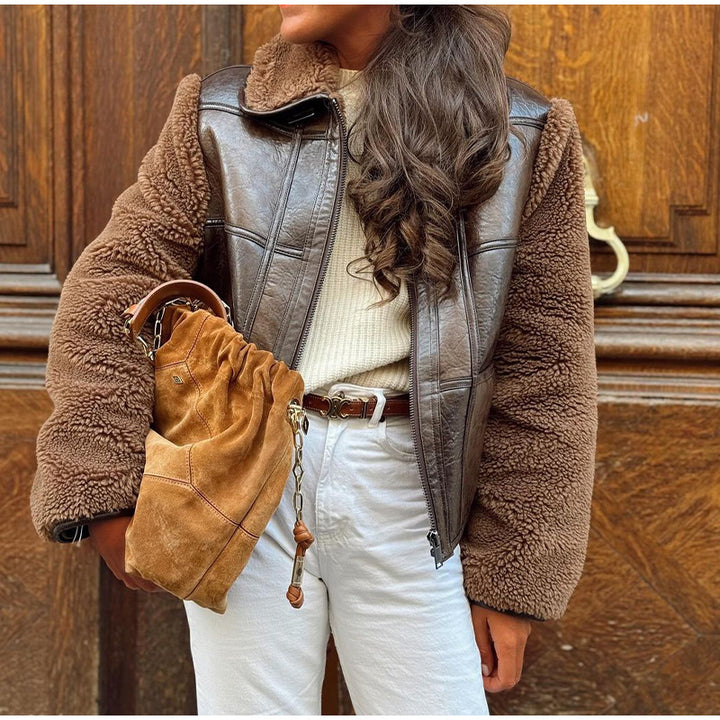 Damen Kunstfell-Lederjacke im eleganten Oversized-Stil Drune
