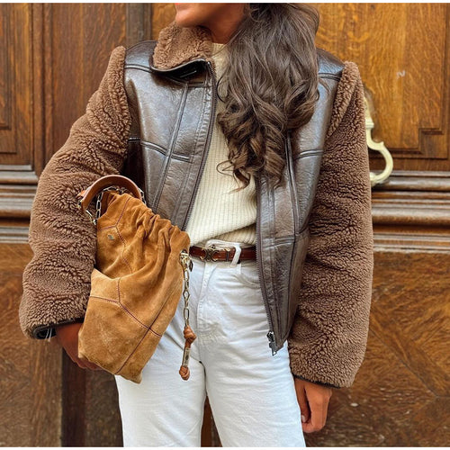 Damen Kunstfell-Lederjacke im eleganten Oversized-Stil Drune