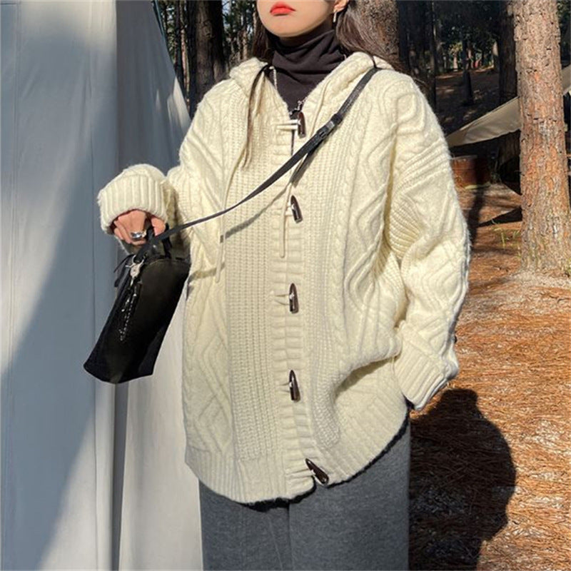 Damen kuschelige Strickjacke mit Kapuze und Zopfmuster Drune