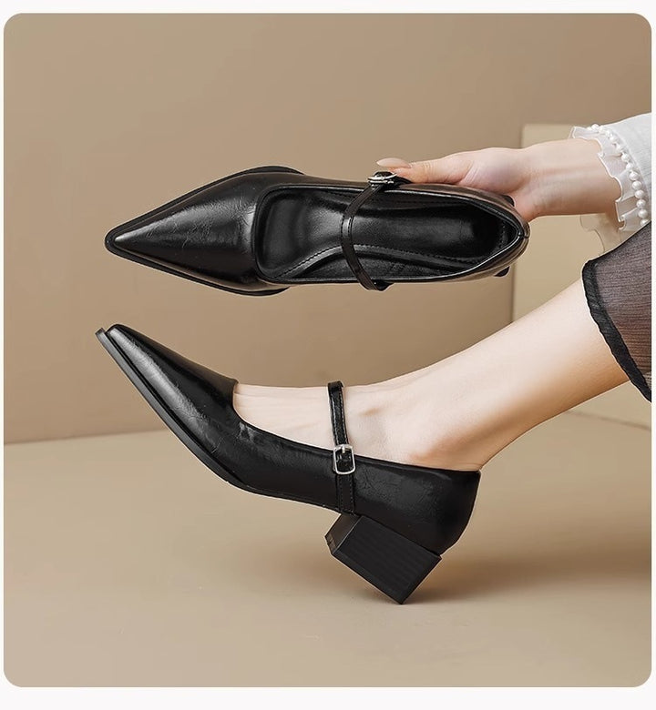 Damen Riemchenpumps im Mary‑Jane‑Stil mit spitzer Zehenkappe und geformtem Blockabsatz Drune