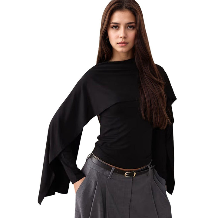 Damen asymmetrisches Cape-Longsleeve mit hohem Kragen und fließendem Overlay Drune