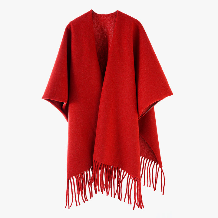 Damen Minimalistischer Wollcape-Überwurf mit Fransensaum und offenem Fall Drune