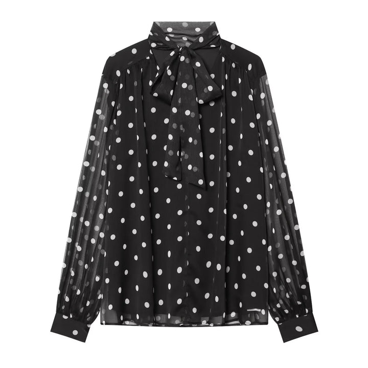 Damen Chiffonbluse mit Polka-Dot, Schleifenbindekragen und transparenten Ballonärmeln Drune