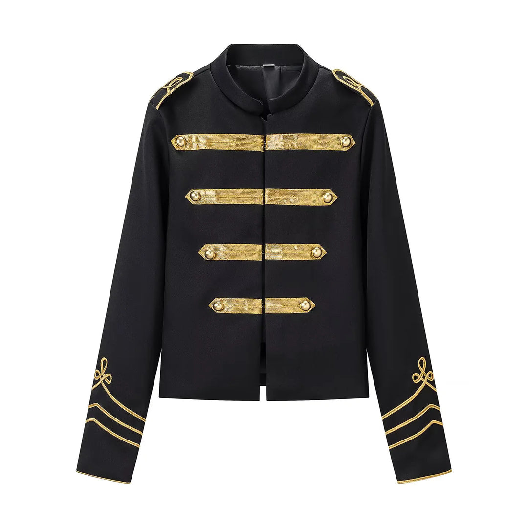 Damen nan kurz geschnittene Paradejacke mit goldverzierten Galons, Epauletten und Stehkragen Drune
