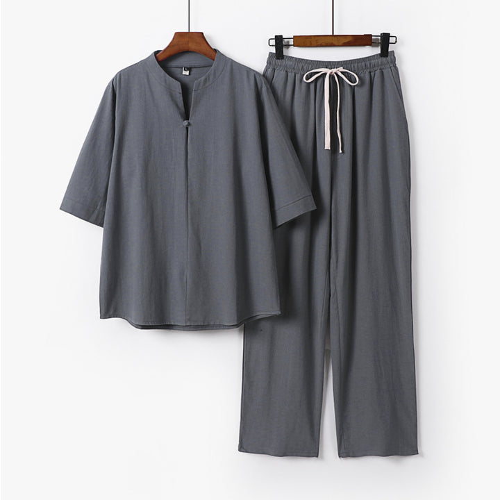 Unisex Lockeres Lounge-Set mit Stehkragen-Halbarmshirt und Elastischer Bundhose Drune