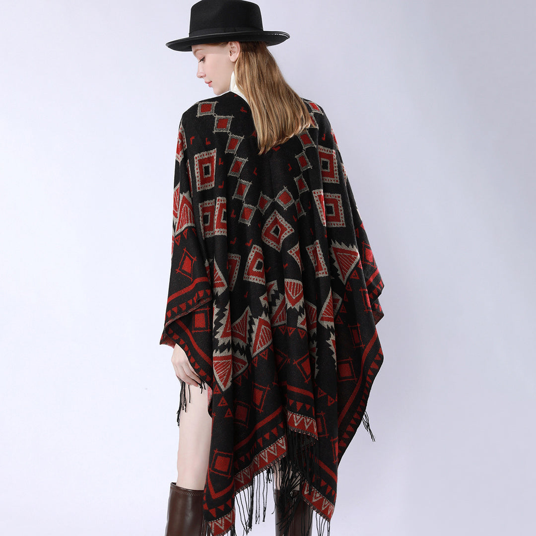 Damen Zweilagiger Kapuzen-Überwurf mit asymmetrischem Fransensaum und geometrischem Jacquard Drune