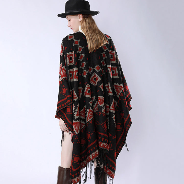 Damen Zweilagiger Kapuzen-Überwurf mit asymmetrischem Fransensaum und geometrischem Jacquard Drune