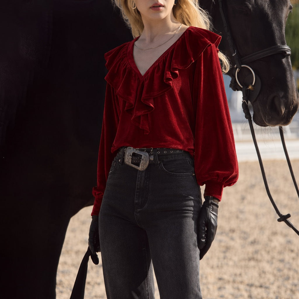 Damen schimmernde V-Neck Rüschenbluse mit Ballonärmeln und elastischen Bündchen Drune