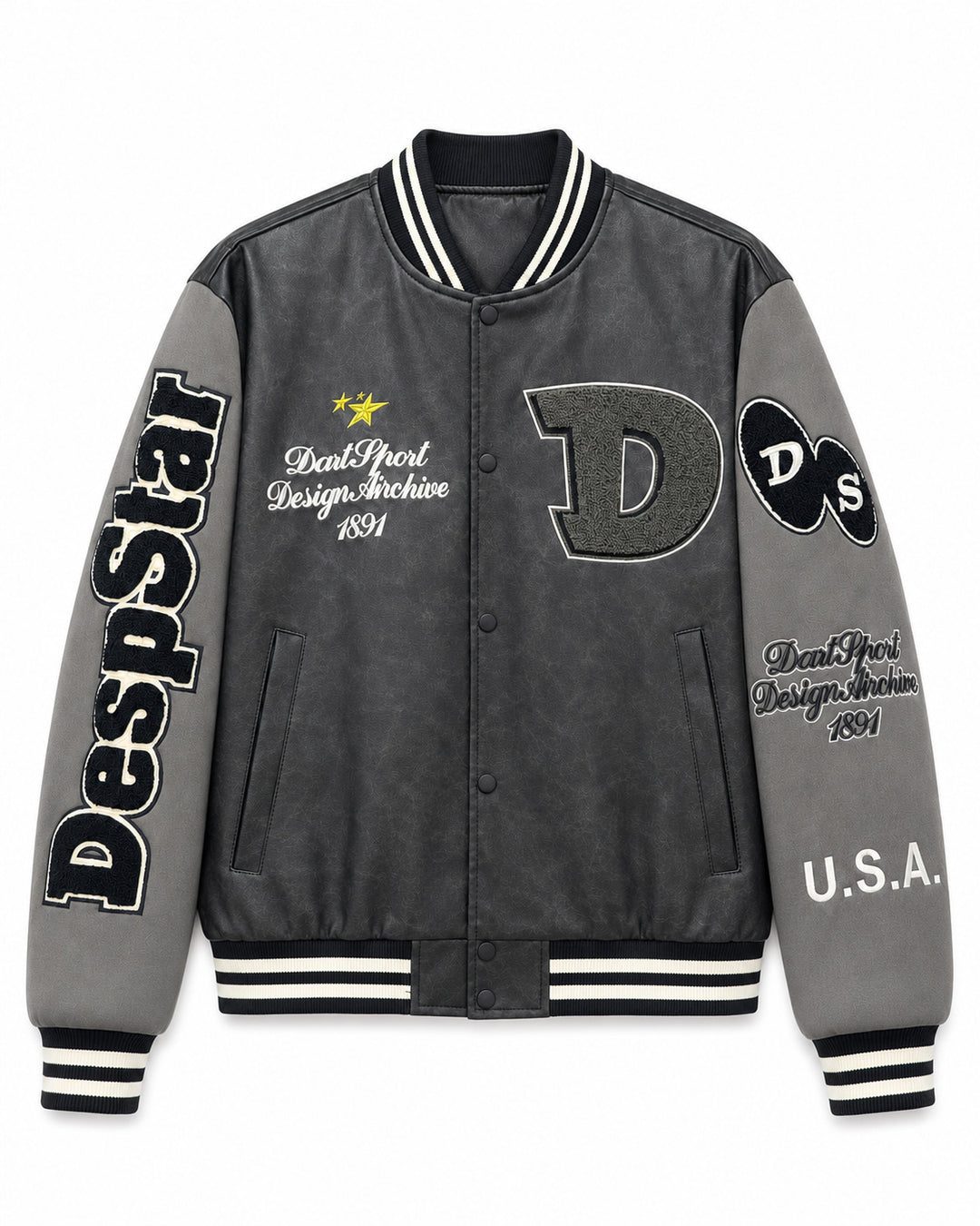 Herren Varsity-Bomberjacke im College-Stil aus Lederimitat mit Applikationen Drune