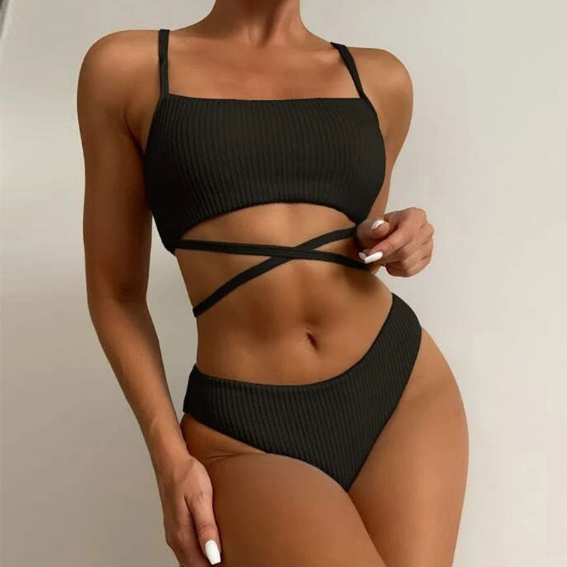 Damen Hochgeschnittener Ripp-Bikini mit Kreuzdetails Drune