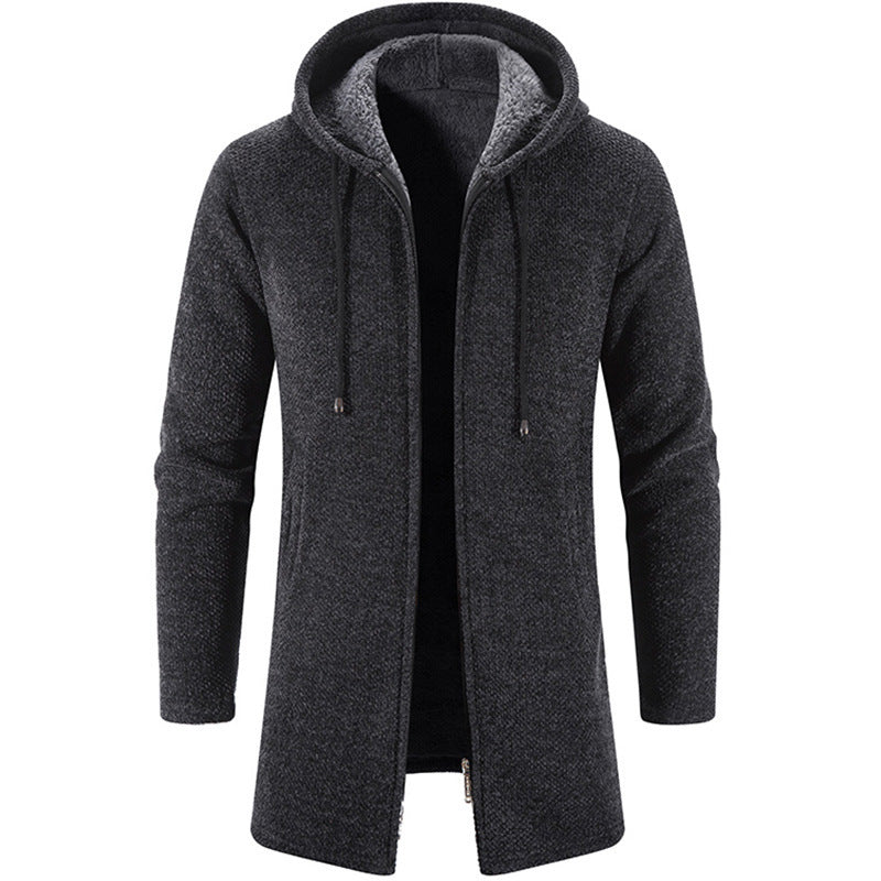 Herren nan langer Kapuzenstrickmantel mit Teddyfutter, durchgehendem Reißverschluss und seitlichen Eingrifftaschen Drune