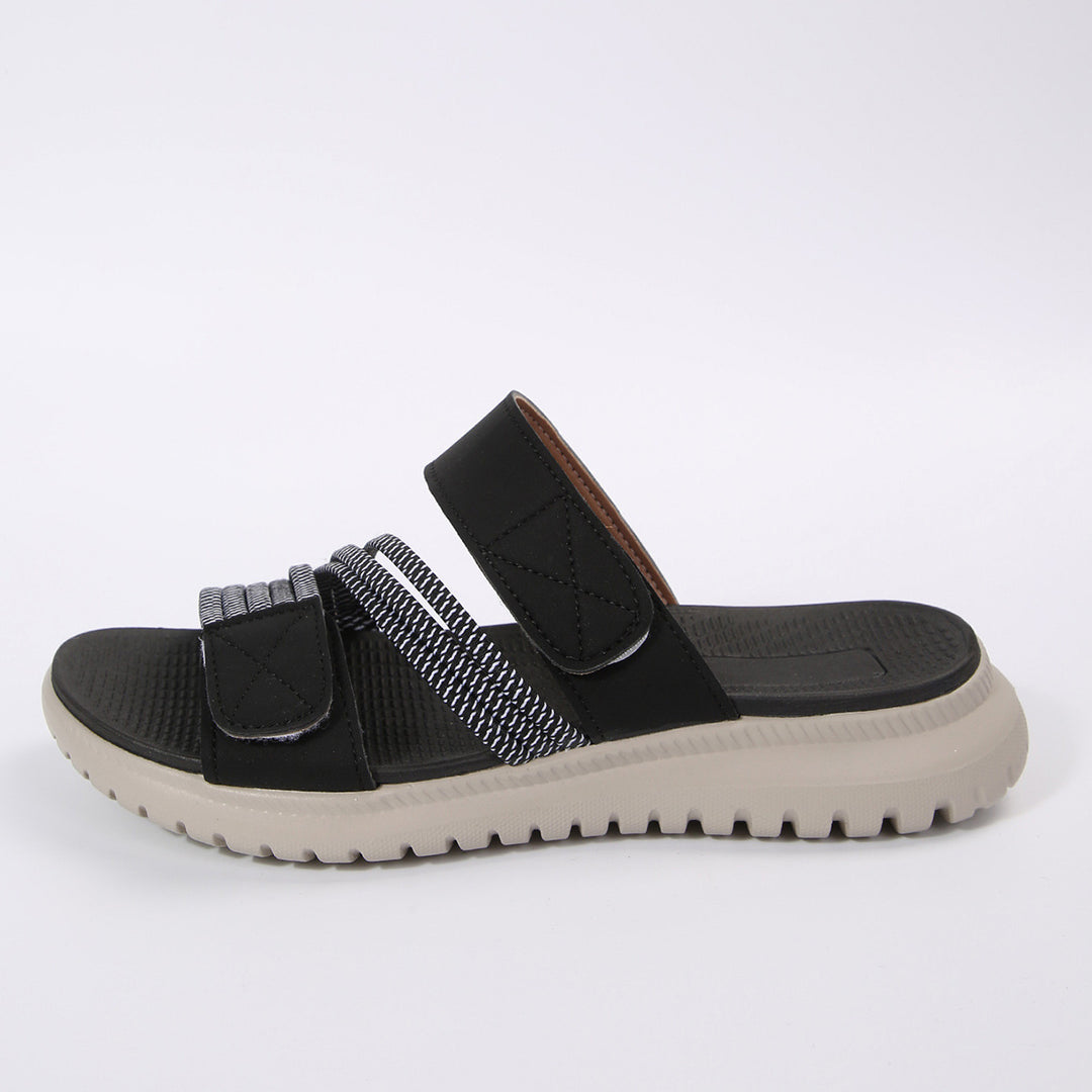 Damen Komfort-Pantolette mit verstellbaren Klettriemen, elastischen Zierbändern und stoßdämpfender Profilsohle Drune