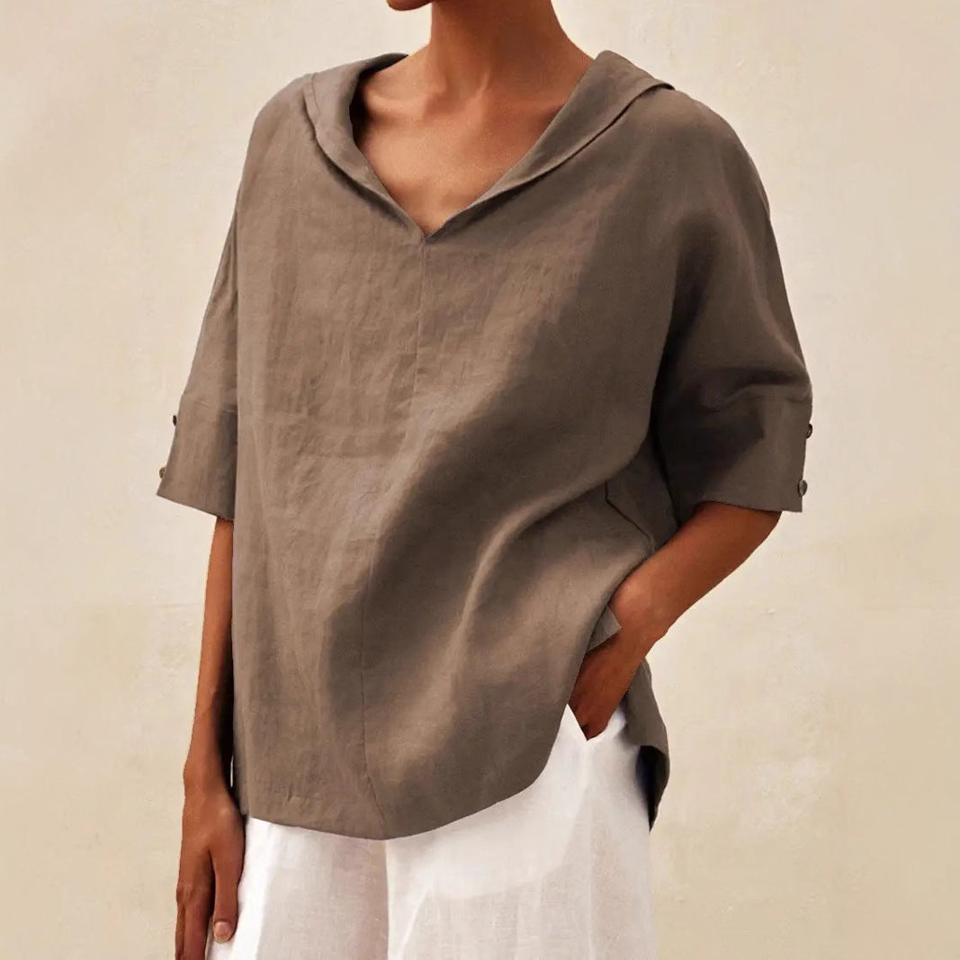 Damen lässige Leinenbluse mit Kapuze und kurzen Ärmeln Drune