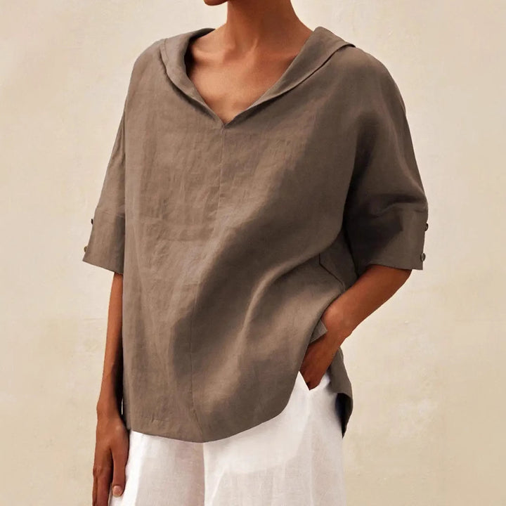 Damen lässige Leinenbluse mit Kapuze und kurzen Ärmeln Drune