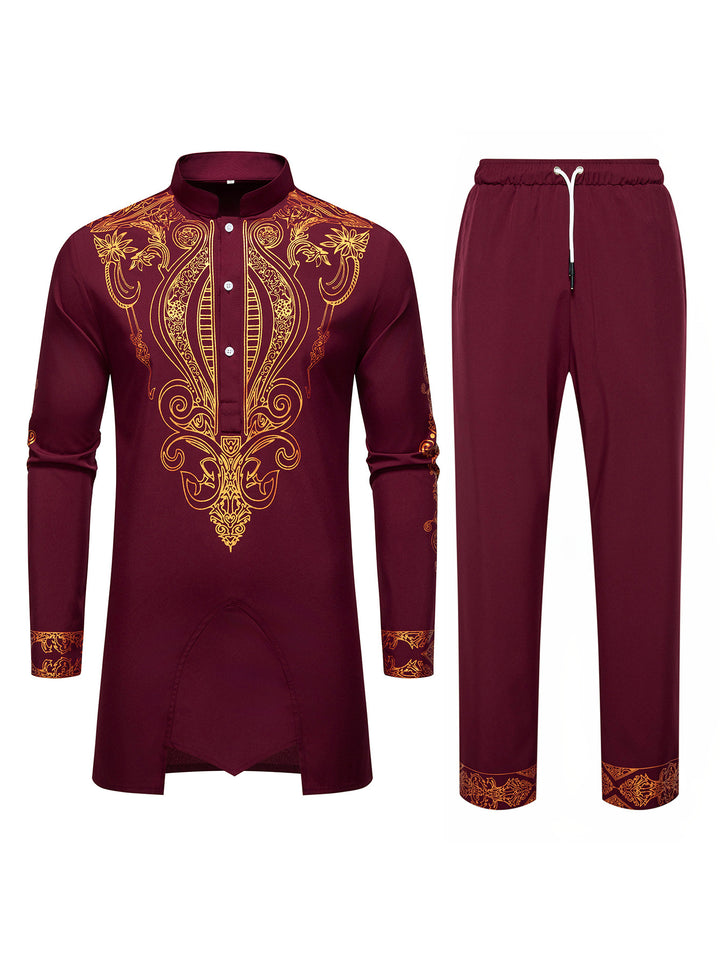 Herren Tunika Anzug mit Stehkragen und ornamentaler Goldapplikation Drune